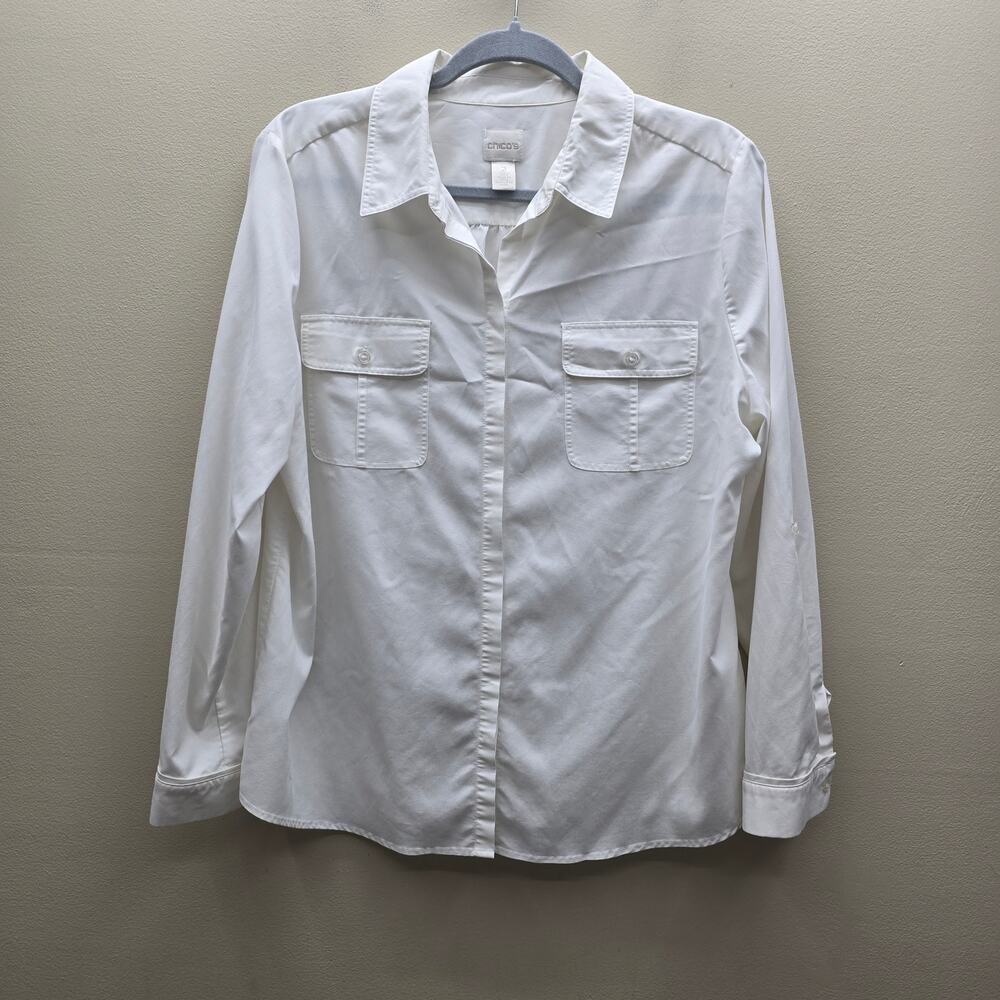 Chico's Long Roll Tab Sleeves White Button-Up Blouse Top Size 2 US Large Office